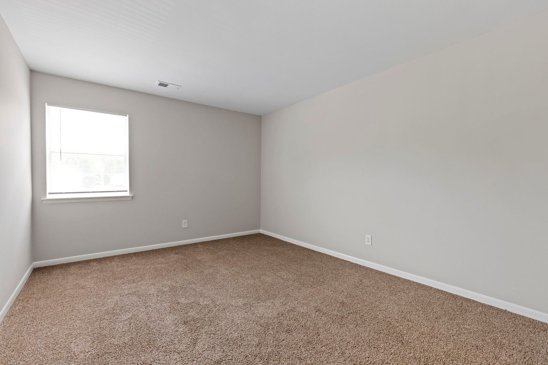 Empty bedroom with tan carpet, beige walls, and a window.