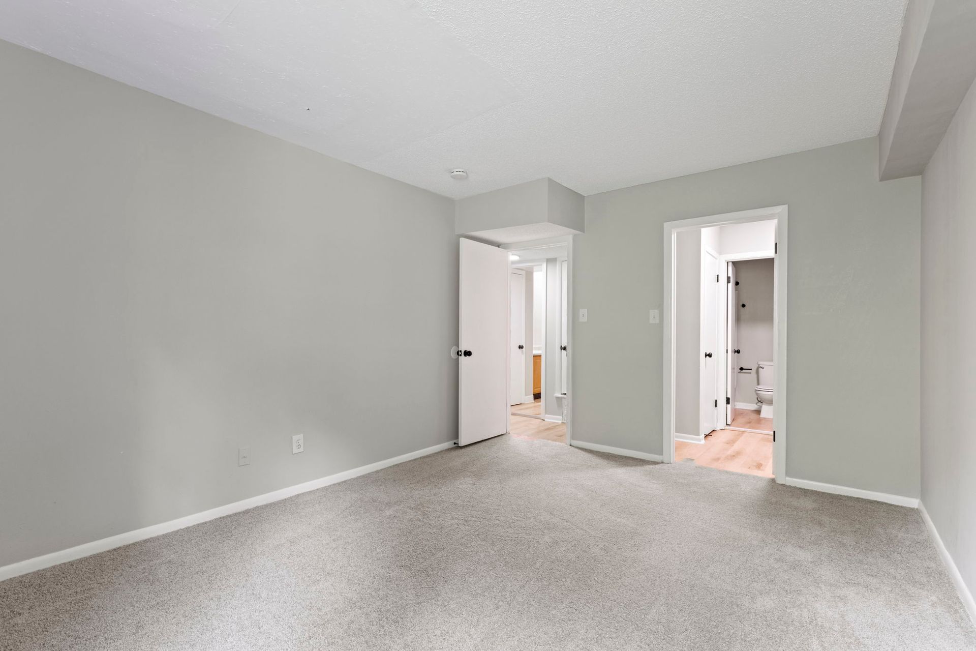 Empty bedroom with gray walls, carpet, and two doorways leading to other rooms.