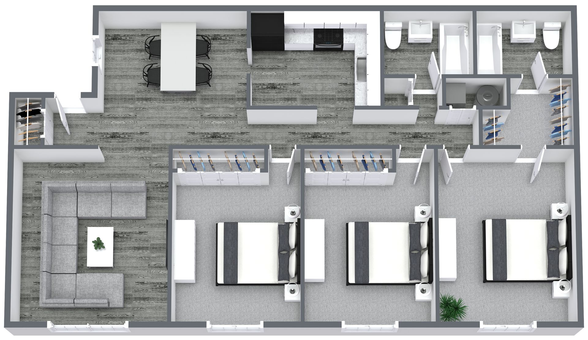 Floor plan of a 3-bedroom apartment, featuring living area, kitchen, dining space, and two bathrooms.