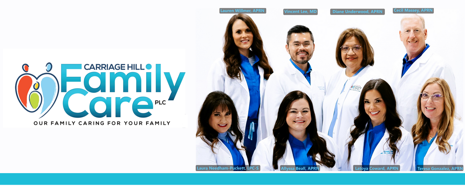 Family Care clinic banner with staff portraits, blue logo, and text on a white background