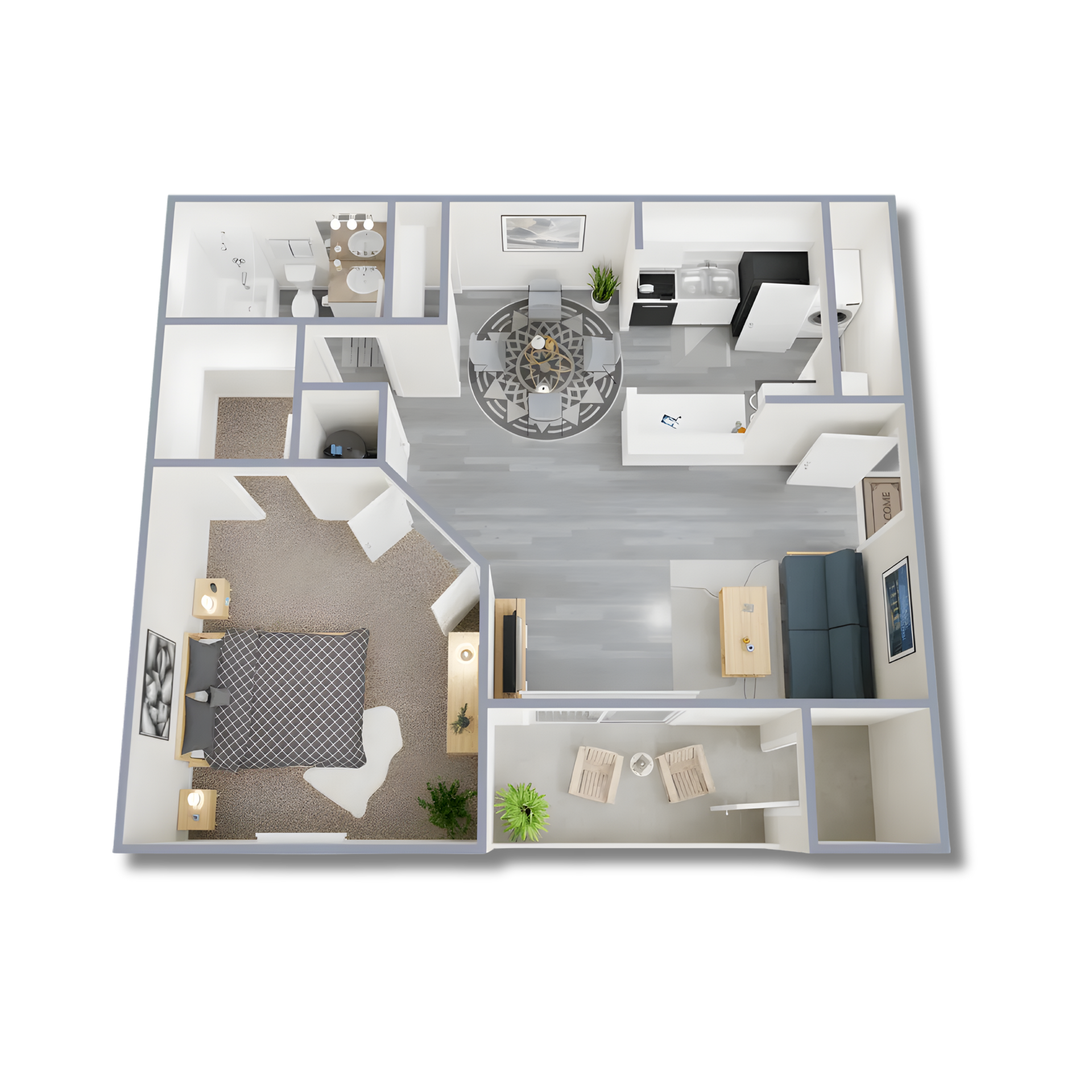 Floor plan of an apartment showing kitchen, dining, living, and bathroom areas.