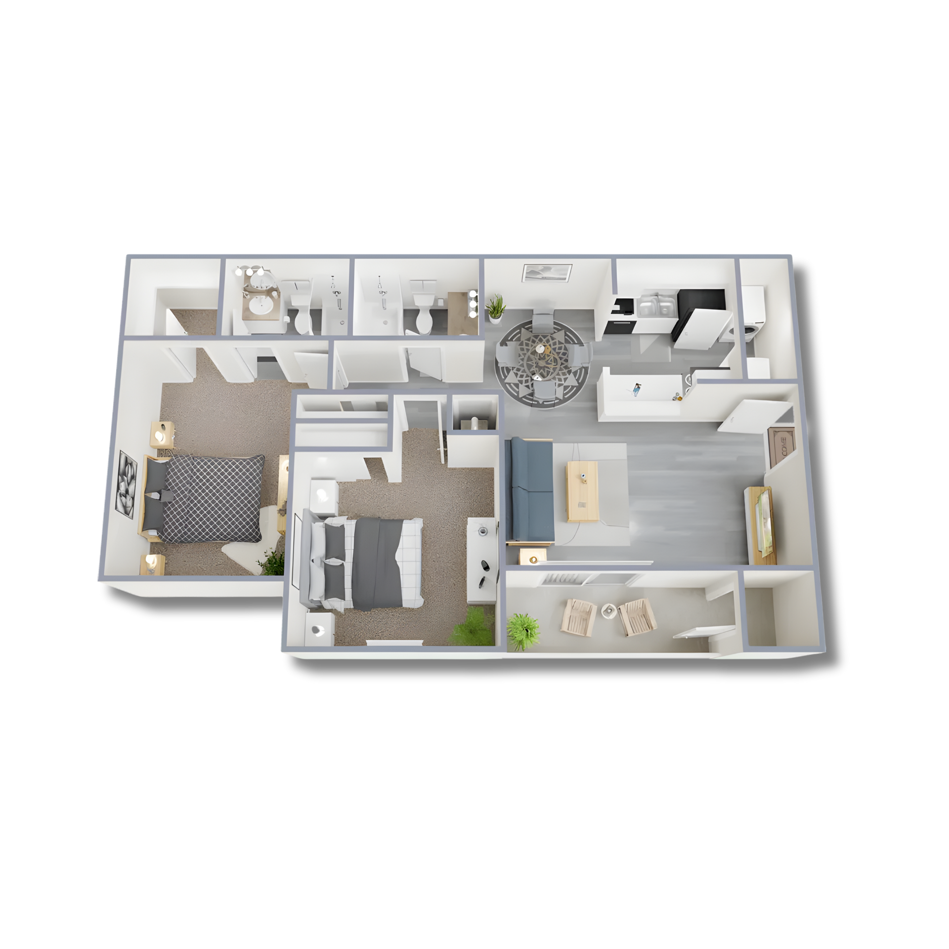 Floor plan of a two-story apartment: kitchen, dining area, living room, laundry, and stairs.