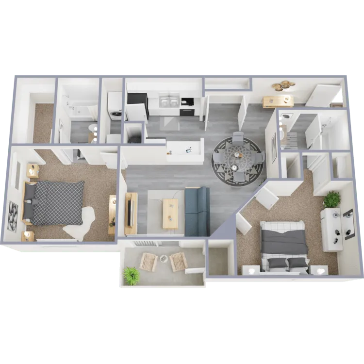 Floor plan of a two-story house. Kitchen, dining, living room, laundry, and stairs. Brown, beige and white color scheme.