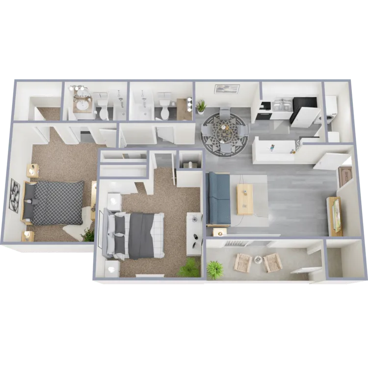 Floor plan of a two-story house. Kitchen, dining, living room, laundry, and stairs. Brown, beige and white color scheme.
