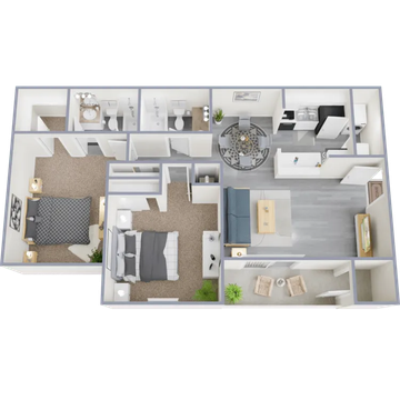 Floor plan of a two-story house. Kitchen, dining, living room, laundry, and stairs. Brown, beige and white color scheme.
