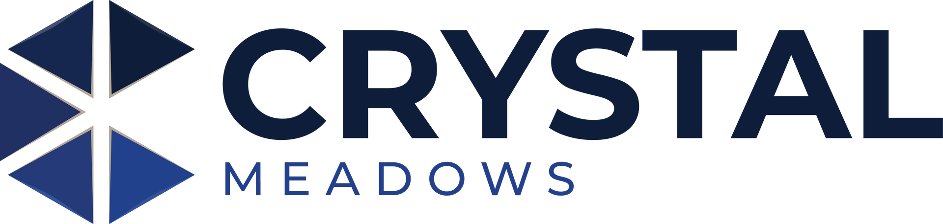 Crystal Meadows  logo with a dark blue crystal graphic and text.