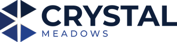 Crystal Meadows logo with a dark blue crystal graphic and text.