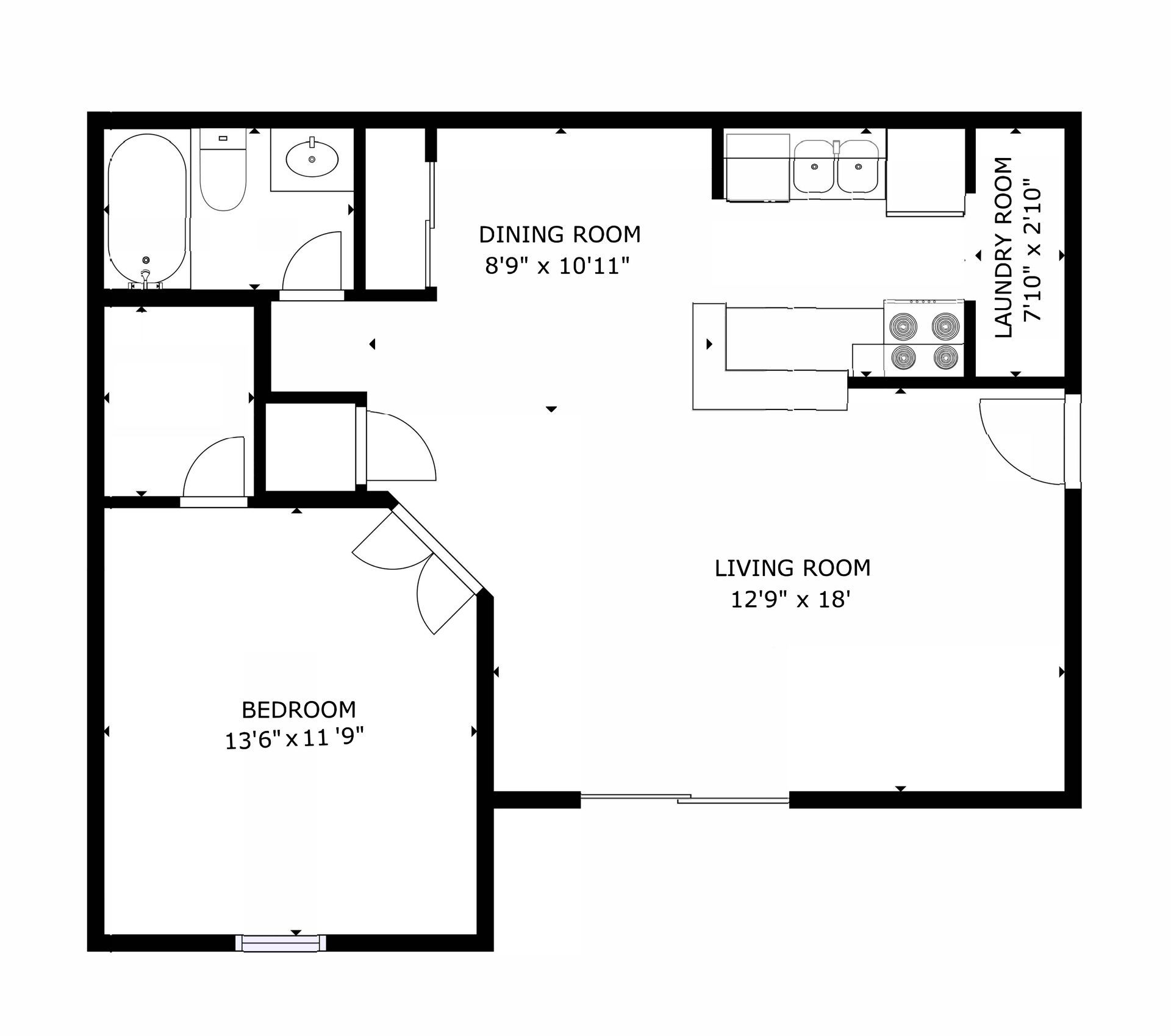 Floor plan of an apartment showing kitchen, dining, living, and bathroom areas.