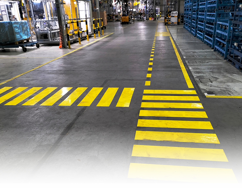 warehouse with yellow markings on the floor