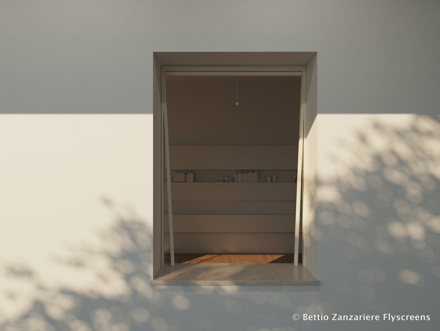 Un muro bianco con una finestra aperta