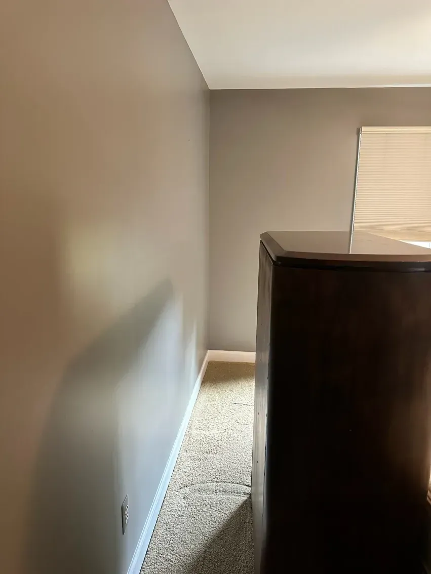 A dark brown dresser in a room with beige carpet and light gray walls.