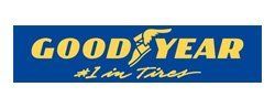 The logo for good year tires is blue and yellow.