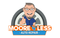 Logo for Moore 4 Less Auto Repair: smiling mechanic with thumbs up, in front of a tire, orange and blue text.