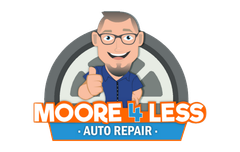 Logo for Moore 4 Less Auto Repair: smiling mechanic with thumbs up, in front of a tire, orange and blue text.
