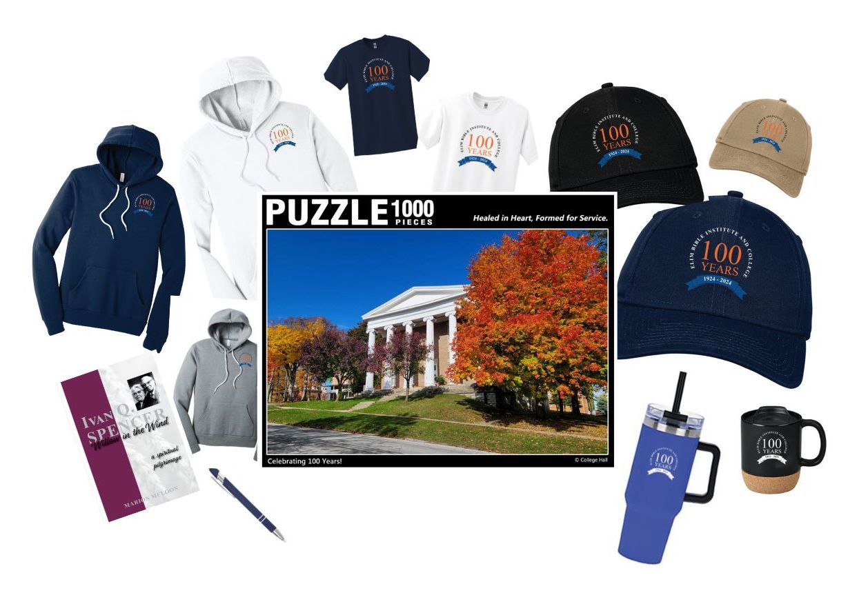 Merchandise: apparel (hoodies, t-shirts, hats), puzzle, book, tumbler, mug, pen, featuring a logo and autumn-themed building.