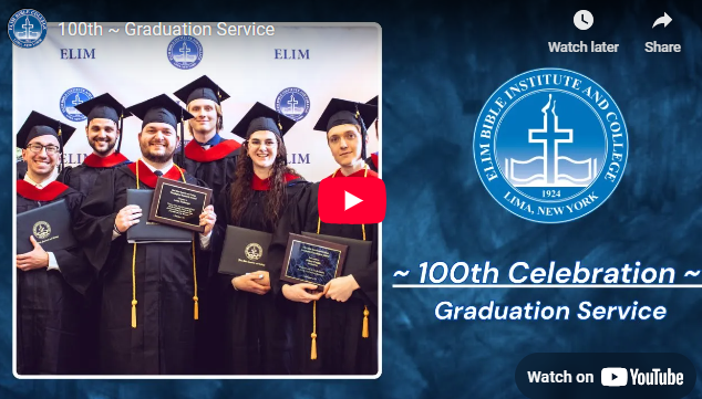 Graduation ceremony with seven people wearing black gowns and caps. Logo of Elim Bible Institute and College.