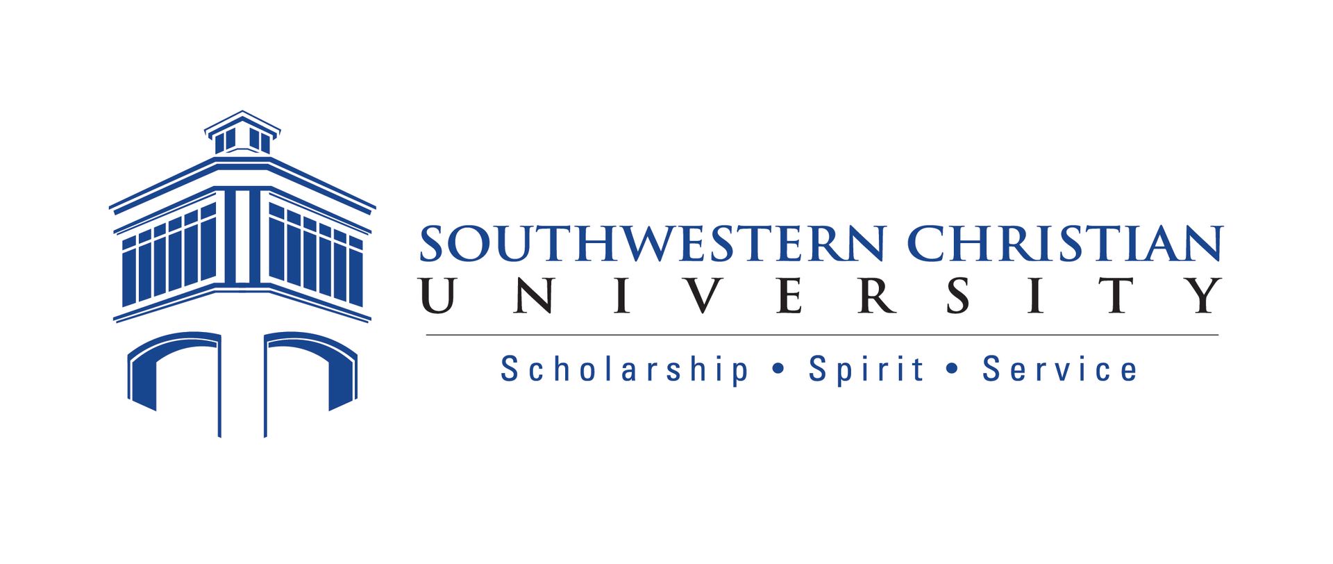 Logo of Southwestern Christian University, featuring a blue building icon and text.