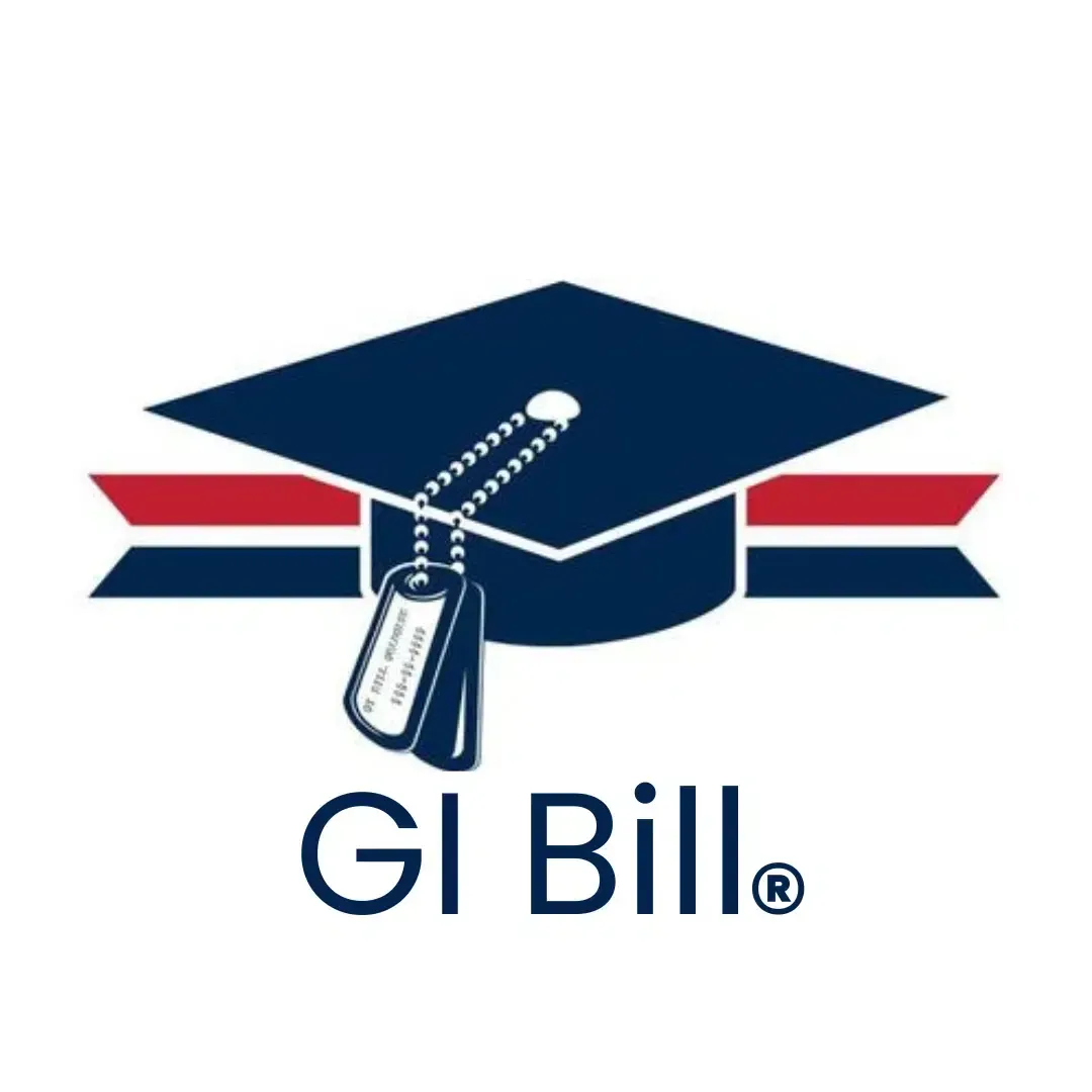 Logo for the GI Bill: a graduation cap over a military dog tag, with red, white, and blue accents.