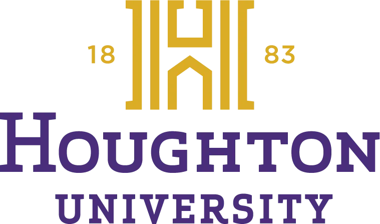 Logo for Houghton University. Gold emblem with the years 18 and 83 flanking a stylized “H”. 
