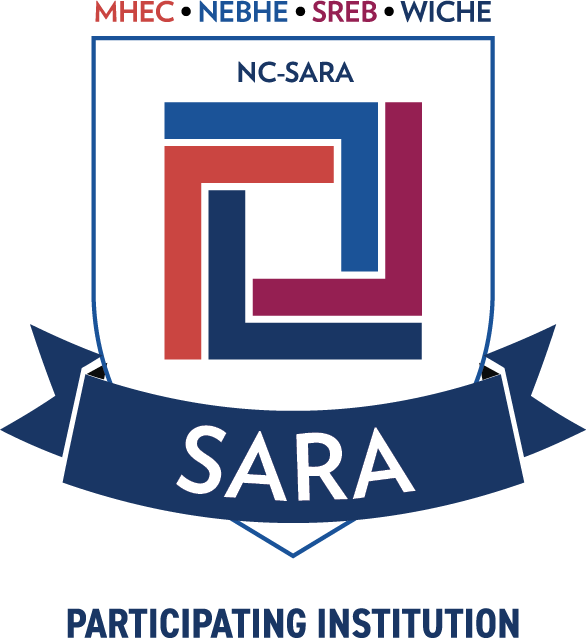 Logo for NC-SARA, a program for higher education, featuring a shield with a geometric design in red, blue, and purple.