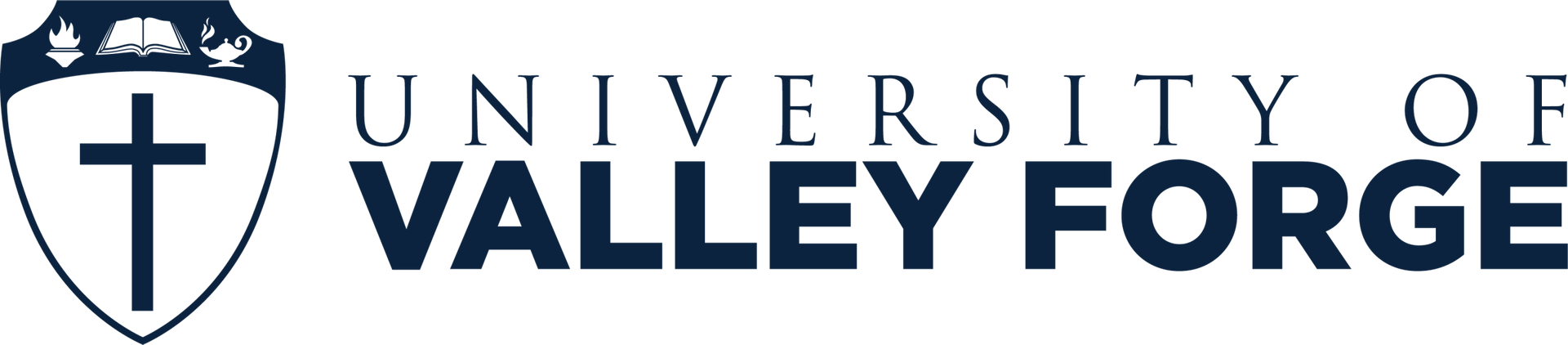 Logo for the University of Valley Forge. It features a shield with a cross and 