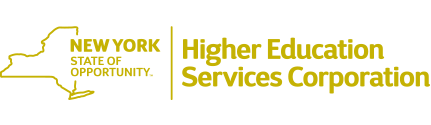 Logo for New York Higher Education Services Corporation featuring a map of New York state.