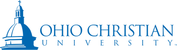 Logo for Ohio Christian University: a blue church with a dome and steeple, next to the words 