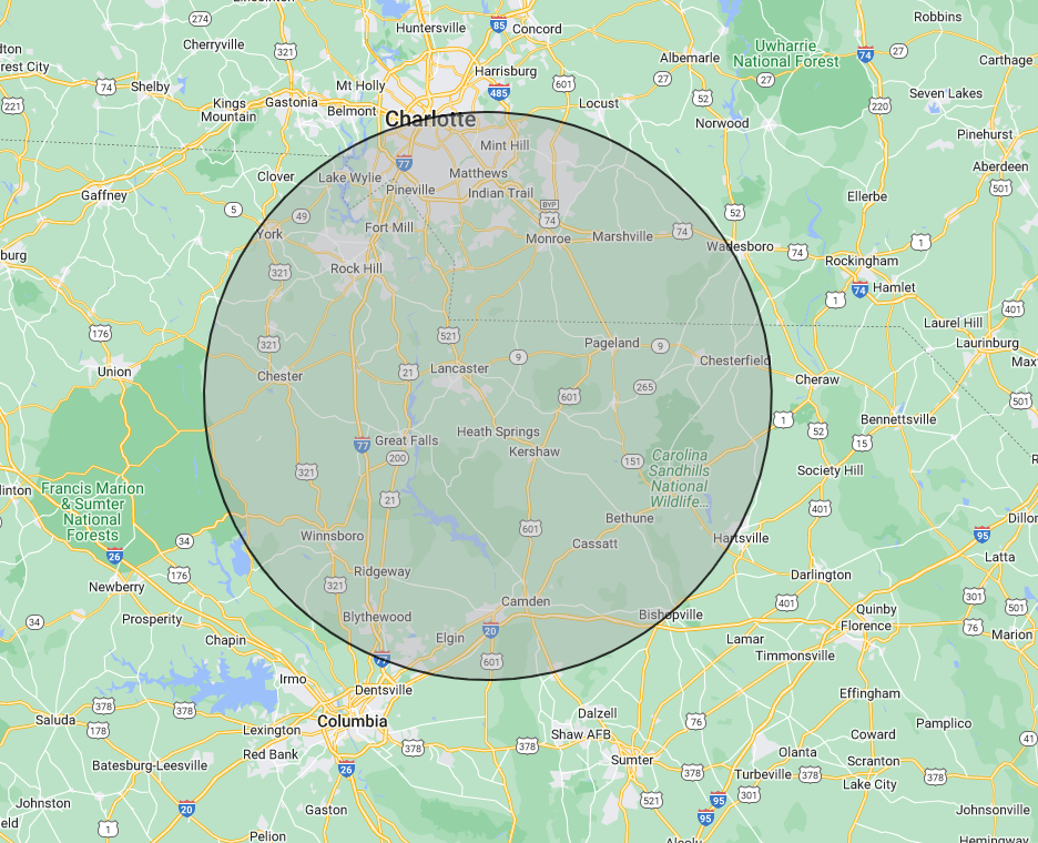 A map of a city with a circle around it.