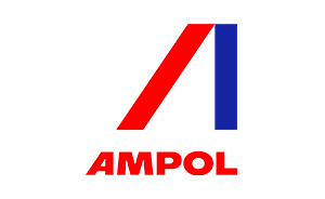 Ampol logo with red and blue stylized “A” above the red wordmark.