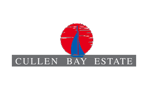 Cullen Bay Estate logo with red sun and blue sail above gray text bar