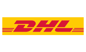 DHL logo in red on a yellow background with horizontal speed lines