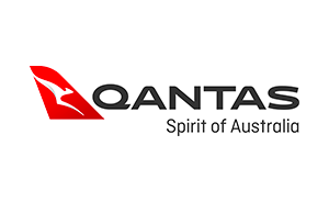 Qantas logo with red kangaroo tail and black “QANTAS” text, plus slogan “Spirit of Australia”