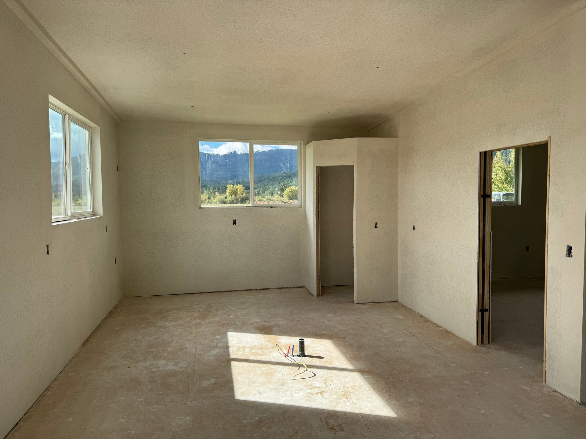 An unfinished interior room with bare walls, windows, and concrete floor.