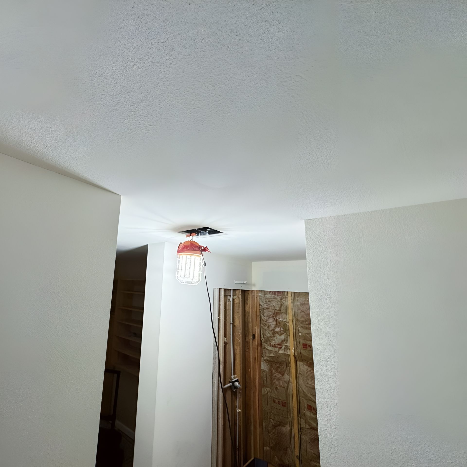 White-walled interior with exposed ceiling light and wooden door.