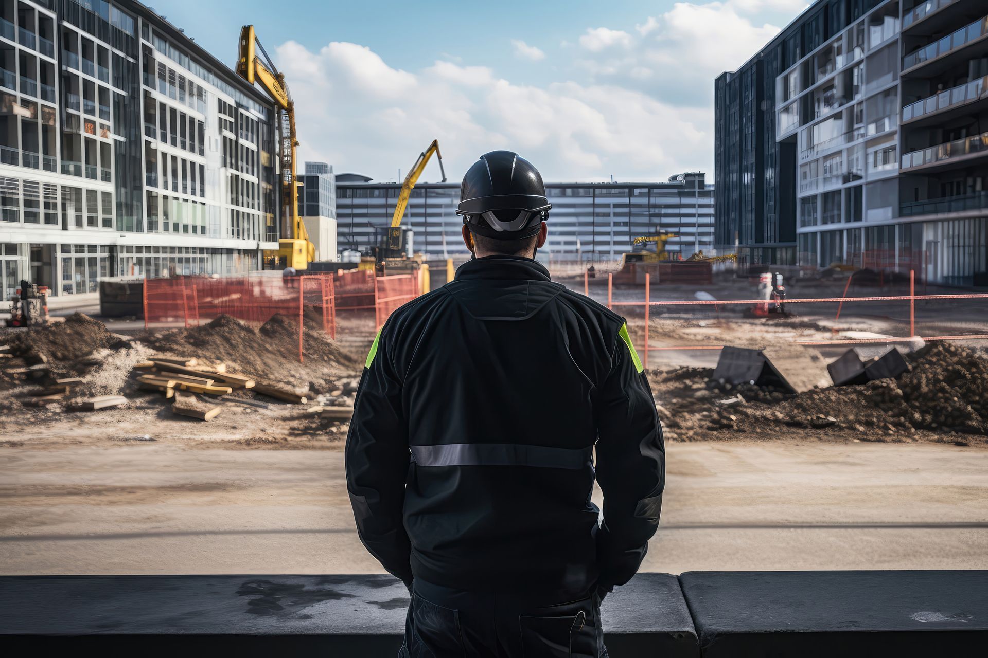 Construction worker, black uniform and hard hat, looking at construction site with buildings and heavy machinery.