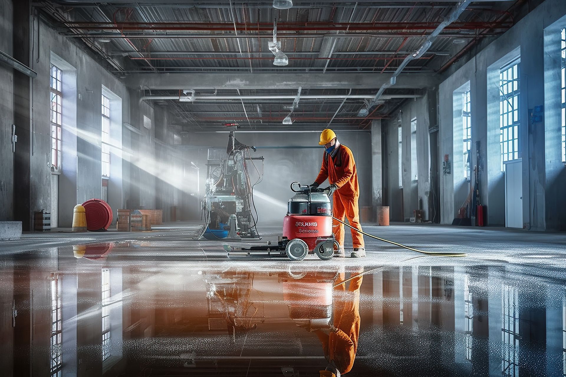 Worker in orange coveralls operates a machine on a flooded concrete floor in a large industrial building.