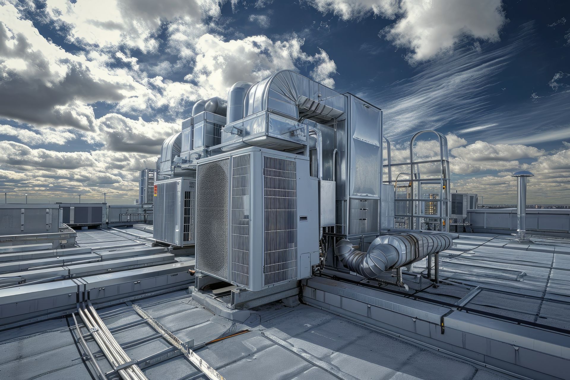 Rooftop HVAC units against a cloudy sky. Silver machinery with ducts and vents.
