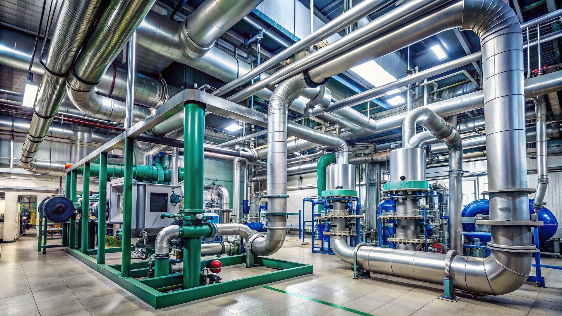 Industrial pipes and machinery in a plant, with green and silver metal, concrete floor.