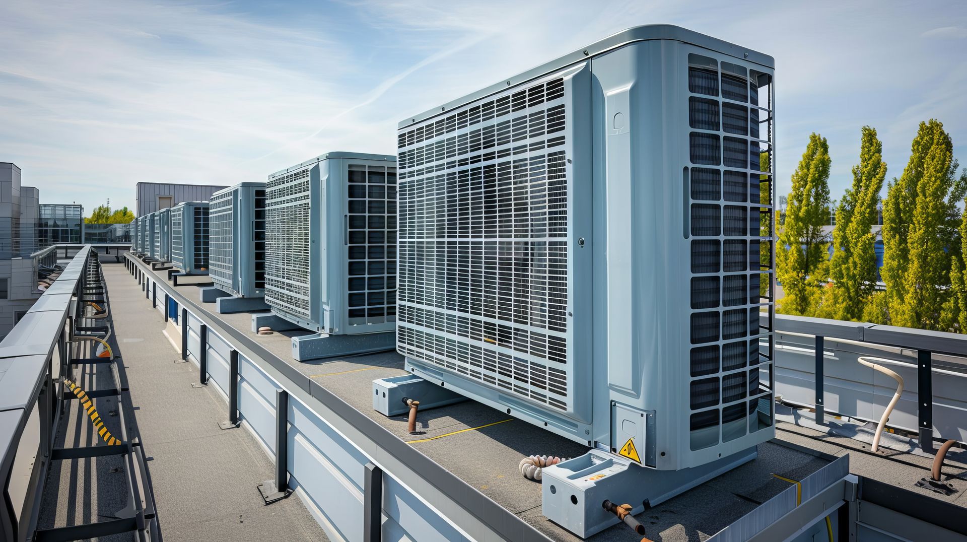 Air conditioning units on a rooftop. Gray metal boxes with protective grates, sunny day.