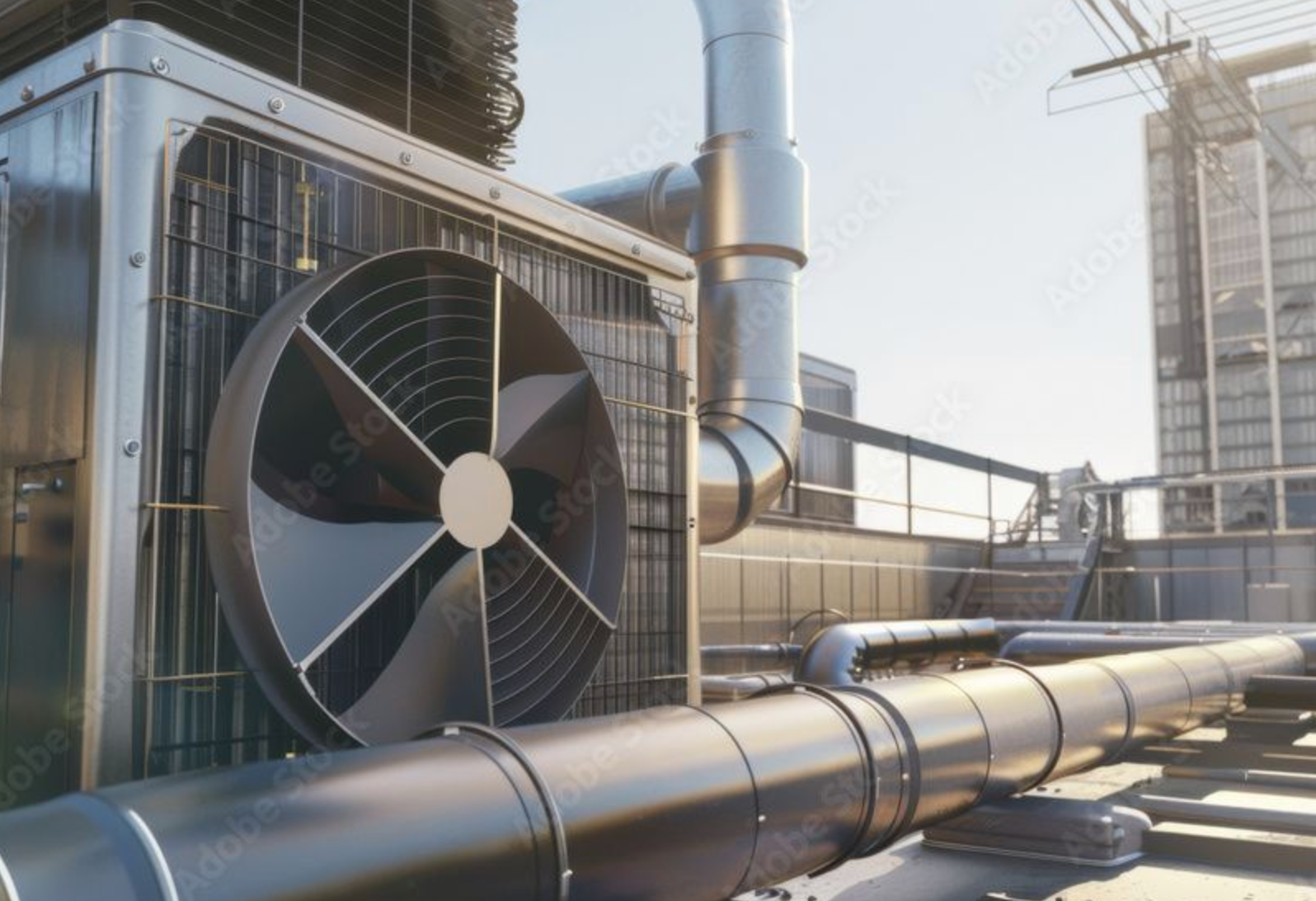 Large HVAC unit with fan on a rooftop, with pipes and a city skyline in background.