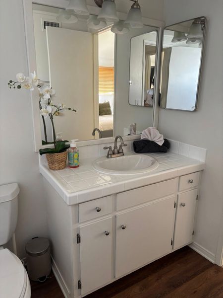 A bathroom with a sink , toilet and mirror.