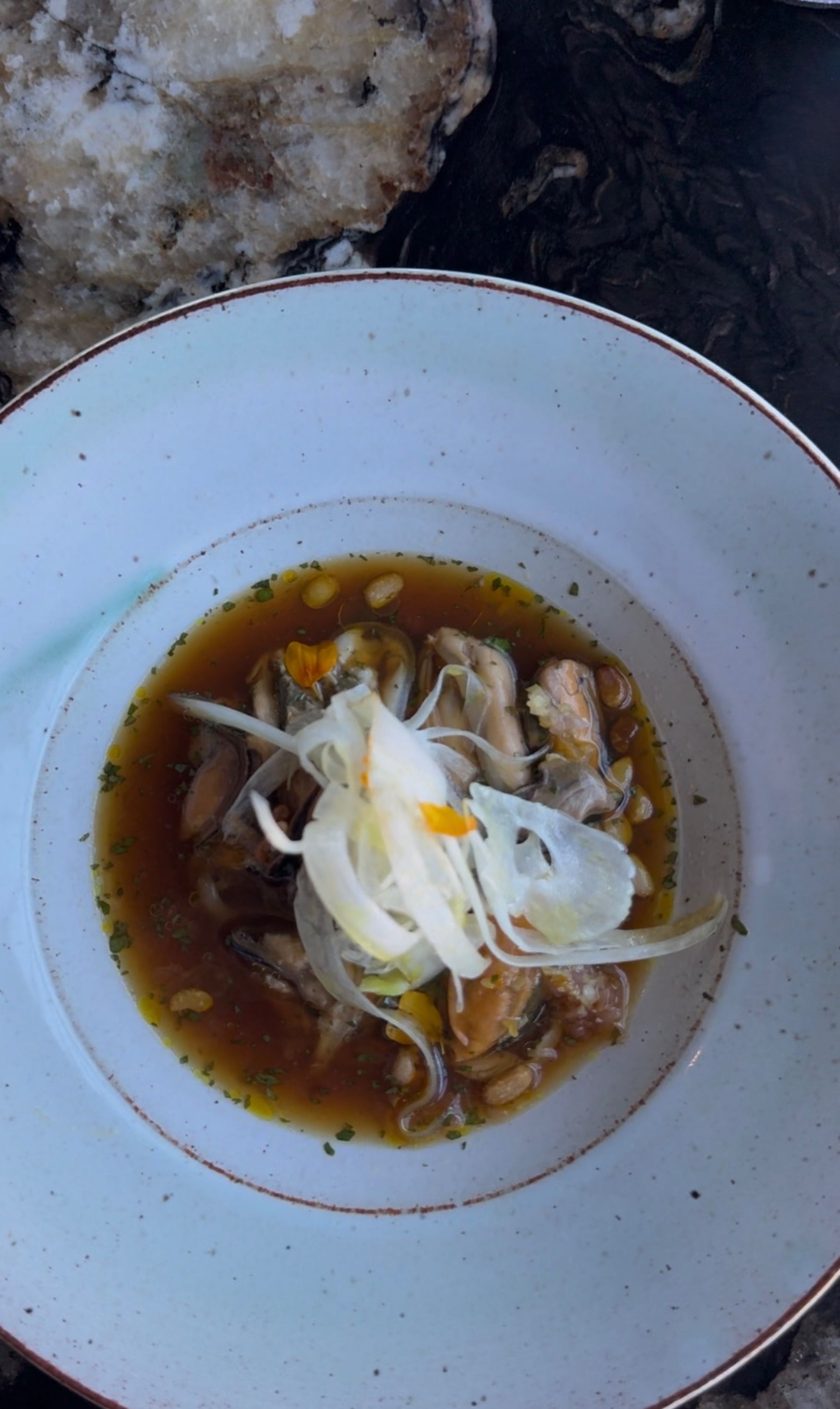 Mussel broth with pine nuts and chilled seafood broth at Coy
