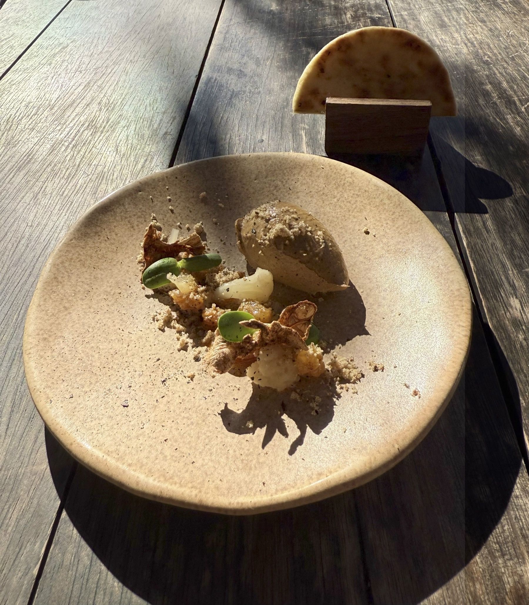 Cauliflower parfait with tahini, sultanas and flatbread at Foxcroft Constantia
