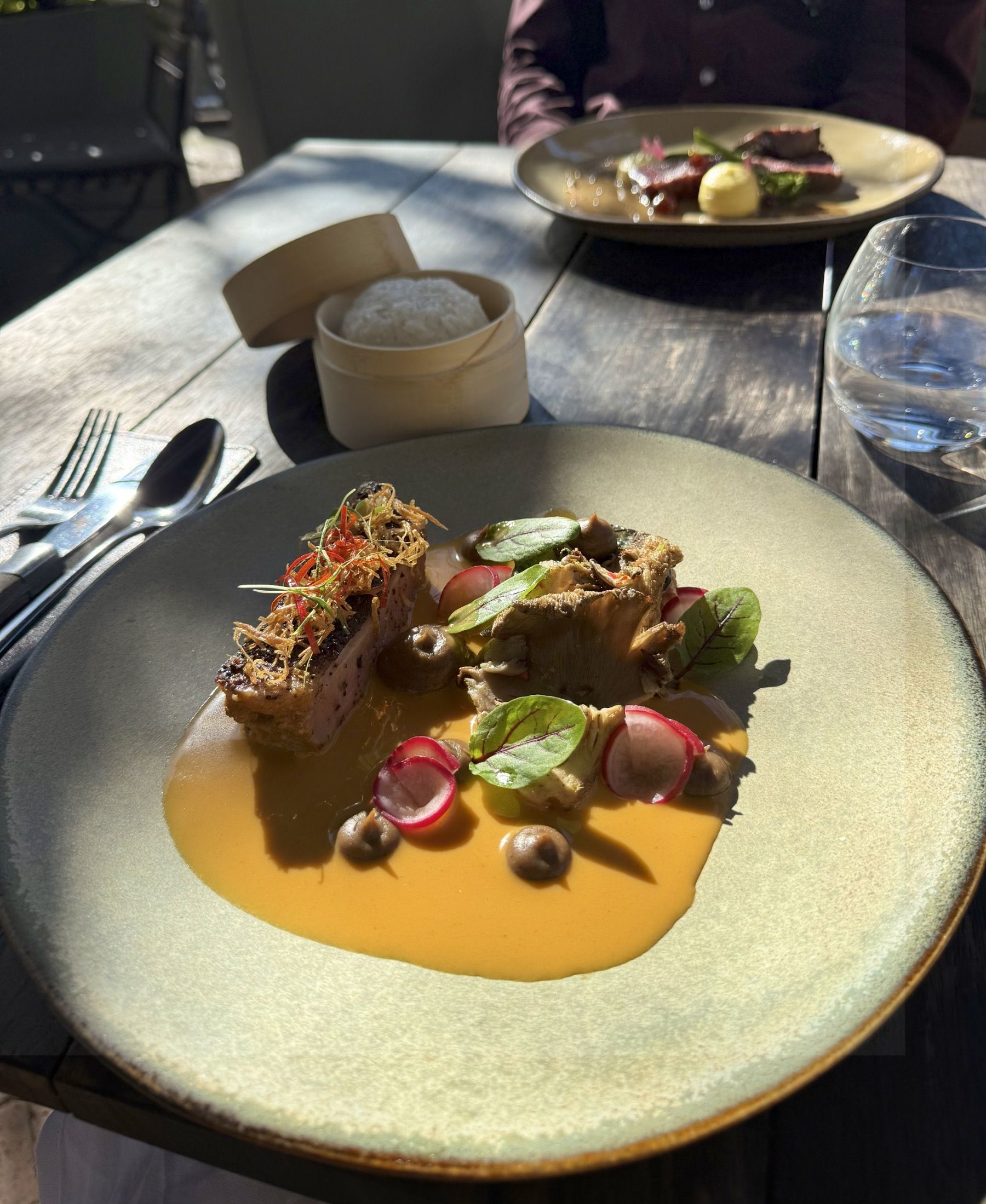 Thai BBQ duck with red curry sauce and sticky rice at Foxcroft Constantia