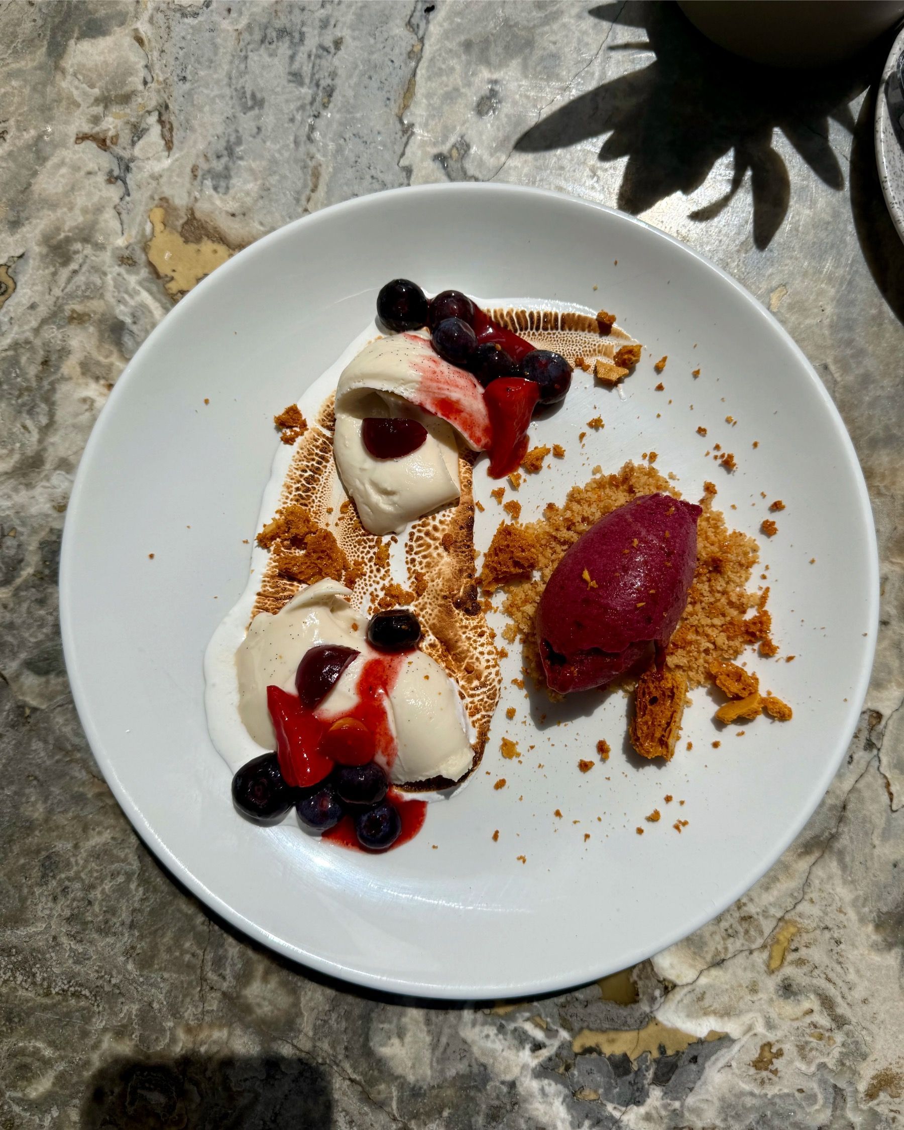 Silky panna cotta with toasted meringue, buttery crumble and deep berry sorbet at Grub & Vine Norval
