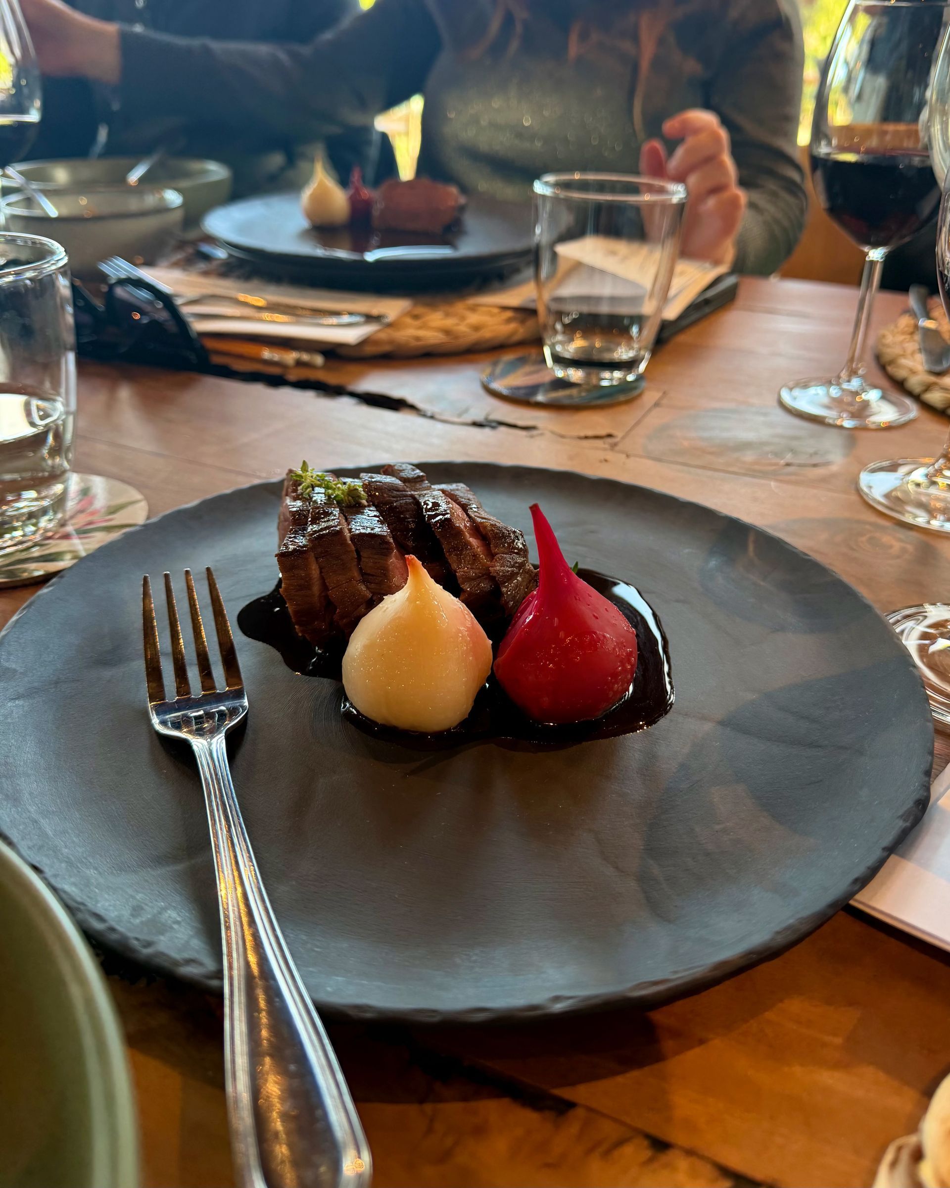 Plate of food with meat, a white onion, a red onion, and sauce.