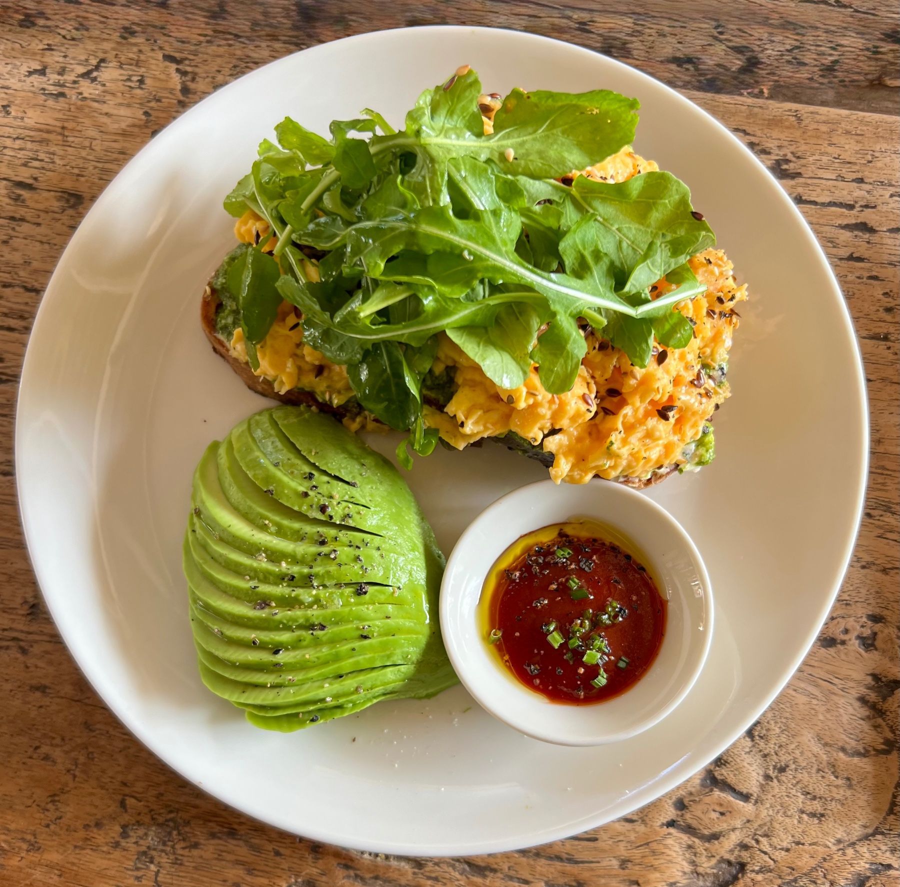 Strangers Club scrambled eggs with pesto and avocado

