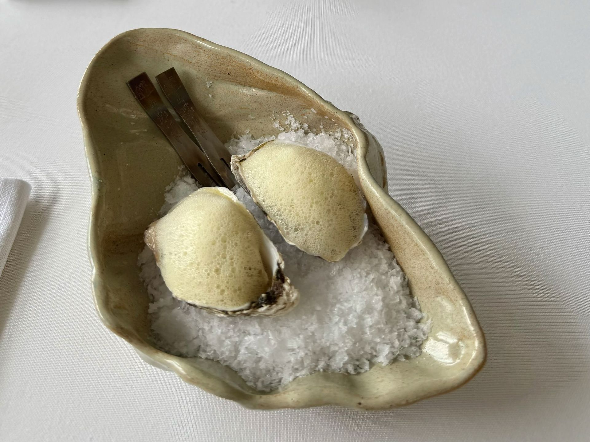 Two foam-covered desserts on shells, resting on coarse salt, with a cinnamon stick on a beige dish.