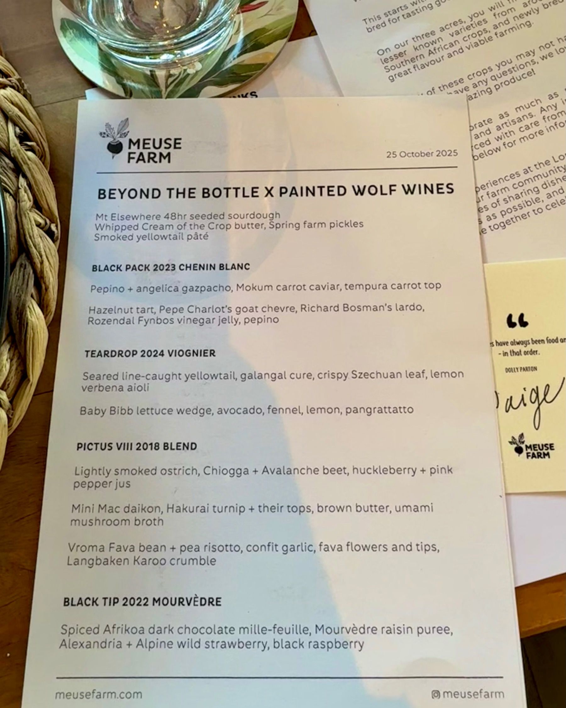 Printed four course Painted Wolf Wines pairing menu at Meuse Farm seasonal dinner in Hout Bay
