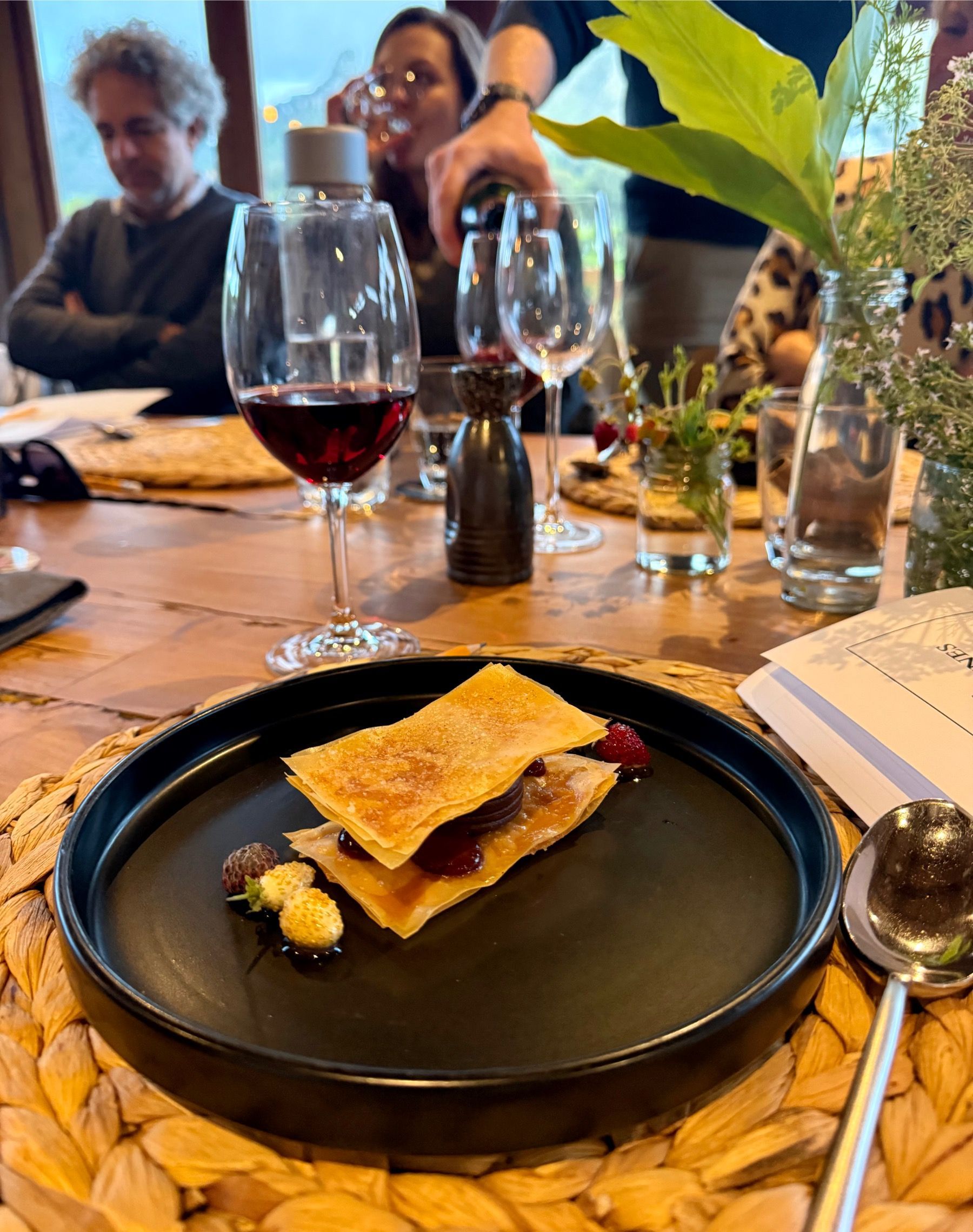 Caramelised pastry layered with dark chocolate mousse paired with Painted Wolf Black Tip Mourvedre at Meuse Farm wine dinner